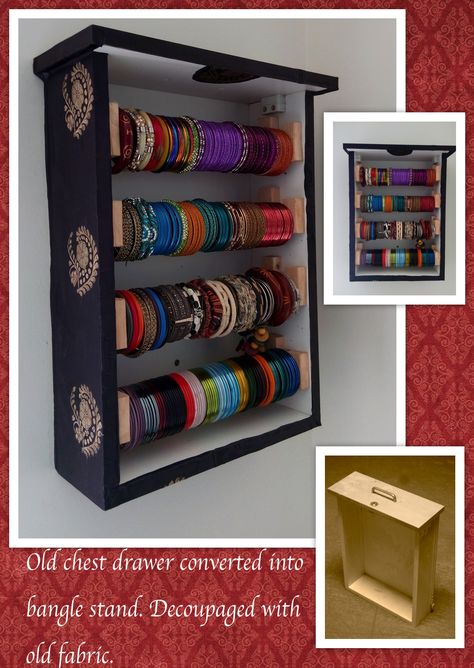 Chest drawer into Bangle stand_1 Craft Drawer Organization, Jewerly Box Diy, Diy Box Crafts, Jewelry Storage Diy, Bangle Box, Diy Drawers, Jewelry Organizer Storage, Jewelry Organizer Diy, Cupboard Design