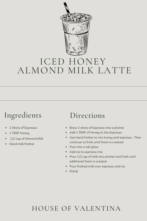 Honey Coffee Recipe, Almond Milk Latte Recipe, Honey Latte Recipe, Cafe Latte Recipe, Brain Healing, Iced Latte Recipe, Almond Milk Latte, Almond Latte, Almond Milk Coffee