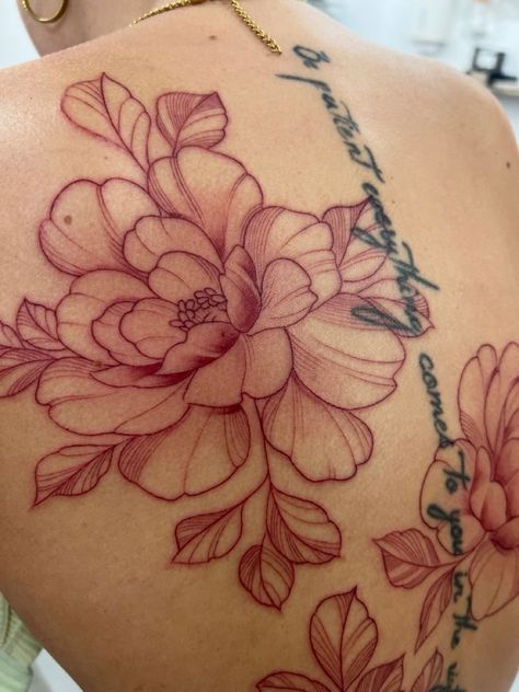 Back Tattoo Black Women Full, Sister Back Tattoos, Back Roses Tattoo Women, Red Flower Outline Tattoo, Nature Back Tattoos For Women, Line Art Back Tattoo Women, Back Tattoo On Plus Size Women, Back Tattoo Add Ons Women, Cherry Blossom Back Tattoo For Women