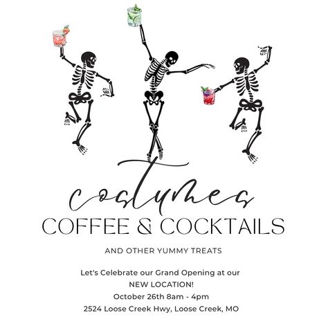 You’re invited to our…🎃 Boo-tique Bash: Grand Opening🎃 Date: October 26th Time: 8am-4pm Get ready for a frightfully fabulous day as we celebrate our new store location! 👻 Join us for a Halloween-inspired shopping event featuring: 🖤 Costume Contest – Show off your spooky style for a chance to win a $50 shopping spree! ☕️ @bobs.frozen.custard will have their coffee truck here to serve up all your favorite Fall inspired coffees, lotus drinks, and pastry breakfast items. 8am-12pm 🕸️ Trick-... Costumes And Cocktails, Halloween Cocktail Party, Cocktails Party, Cocktail Party Invitation, Halloween Party Printables, Custom Party Invitations, Halloween Bash, Halloween Party Invitations, Halloween Digital