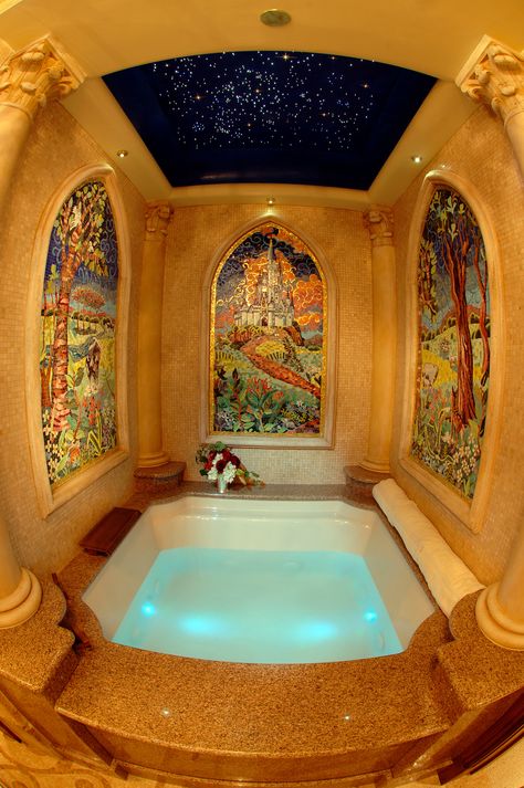 Disney World Cinderella Castle hotel suite room pictures jacuzzi tub Cinderella Suite, Disney Bucket List, Disney Cinderella Castle, Disney Tourist Blog, Disney World Hotels, All Things, Famous Castles, Mosaic Bathroom, Disney Magic Kingdom