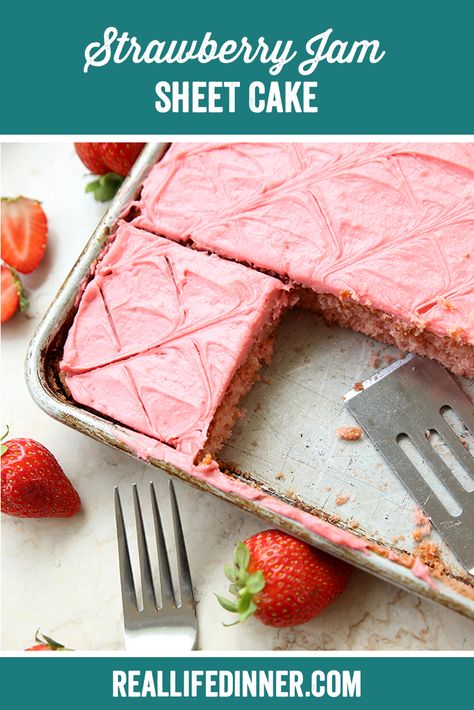 Strawberry Cake With Strawberry Jam, Strawberry Cake With Jam, Strawberry Jam Uses, Things To Make With Strawberry Jam, Baking With Strawberry Jam, Strawberry Texas Sheet Cake, Desserts Using Jam, Desserts With Strawberry Jam, Strawberry Texas Sheet Cake Recipe