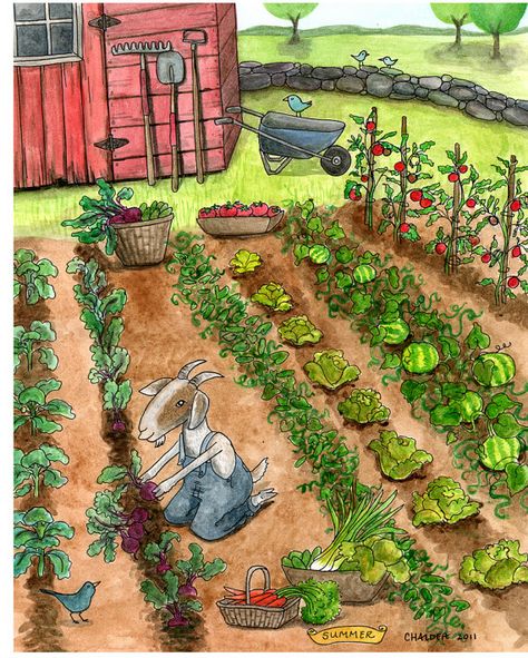 Tanaman Pot, Summer Wall Art, Garden Illustration, Garden Drawing, Garden Painting, Dessin Adorable, Garden Layout, Veggie Garden, Farm Gardens