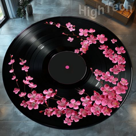 Record Rug, Music Disc Rug, Cherry Blossom Record Rug, Floral Record Rug, Vinyl Record Rug, Record Round Rug, Music Area Rug, Music Room Rug HT-1367 Dear customer; Rugs come in different types, featuring different colors and patterns, each uniquely gorgeous and one of a kind. They will suit any interior design style and will add personality and style to spaces of all kinds.  Decorative Digital Printed rugs give a soft, soothing feeling on the Cotton Woven Base Our rugs are non-slip sole, cotton What To Do With Records Vinyls, Vynil Rug, Vinyl Record Art Aesthetic, Music Art Ideas, Record Art Ideas, Round Painting Ideas, Painting On Records Vinyls, Record Rug, Vinyl Record Painting Ideas