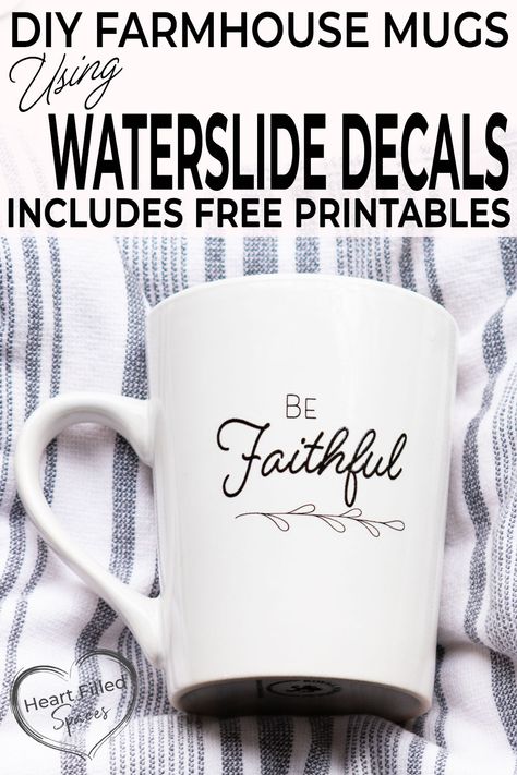 How to use Water Slide Decal Paper to make these inspirational coffee mugs. I've included a detailed tutorial and free printables to make this DIY craft easier. #waterslide #decal #diymug #inspirational #diycrafts #bibleverse Inkjet Waterslide Decal Paper, Cup Gift Set, Farmhouse Mugs, Waterslide Decal Paper, Free Silhouette Cut Files, Waterslide Paper, Coffee Mug Quotes, Ipad Mini Cases, Diy Mugs