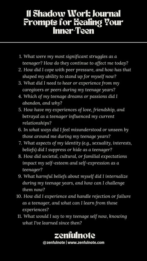Healing your inner-teen through shadow work is a transformative process that involves revisiting your adolescent years, acknowledging the pains and challenges you faced, and embracing the aspects of yourself that may have been neglected or wounded. Journal Prompts For Healing, Prompts For Healing, Shadow Work Journal Prompts, Work Journal Prompts, 30 Day Writing Challenge, Shadow Work Journal, Journal Lists, Work Journal, Writing Inspiration Prompts
