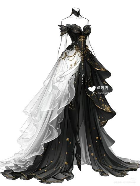 Ball Dresses Drawings, Black And Gold Aesthetic Outfit, Black And White Fantasy Dress, Anime Dress Design Outfit Ideas, Black Dress With Shawl, Dresses Drawing Design, Dress Concept Art, Zodiac Dresses, Dress Types