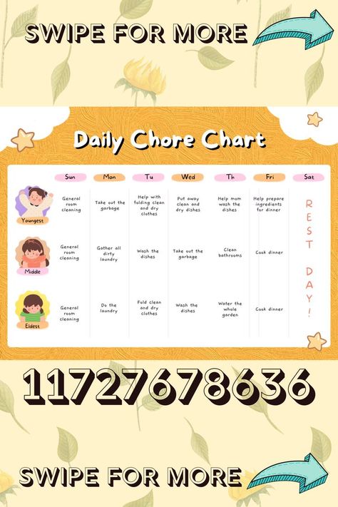 hopefully I did this right! this was a request (: in our country it is not common for chore charts (we still of course do chores daily), so im very unfamiliar with it. I based it all on google:D ALWAYS FEEL FREE TO REQUEST<3 Enjoy this decal for your family rps in bloxburg! #roblox #decals #bloxburgdecals #bloxburg #bloxburgchores #bloxburgfamilyrp #bloxburgfamily Club Roblox Image Id Codes Chores, Club Roblox Image Id Codes Quotes, Bloxburg Homework Decals, Bloxburg Cheer Tryouts Decals, Bloxburg Picture I’d Codes, Roblox I’d Codes Pictures, Free Bloxburg Neighborhood Codes, Bloxburg Neiborhood Codes, Number Decals For Front Door Bloxburg