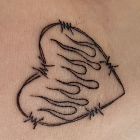 Minimalistic Flame Tattoo, Simple Tattoos Heart, Flame Heart Tramp Stamp, Electric Heart Tattoo, Angel On Fire Tattoo, Fiery Heart Tattoo, Leg Drawings Tattoo, Heart And Flame Tattoo, Flaming Heart Tattoo Simple