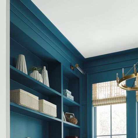 Benjamin Moore on Instagram: "Even a home office deserves a "back to school" makeover, don't you think? Get the look with Slate Teal 2058-20, a deep blue-green that elevates the space and adds plenty of luxury—even when you're just sending an email. Head to our shop to get your color samples. . (WALLS) Slate Teal 2058-20, Regal® Select, Matte (BUILT-IN CABINETS) Slate Teal 2058-20, Regal® Select, Matte (FRONT WALLS) White Diamond 2121-60, Regal® Select, Matte (CEILING) White Diamond 2121-60, Wa Teal Wall Colors, Teal Cabinets, Mini Office, Small Home Offices, Teal Walls, Built In Cabinets, Cabinet Colors, Benjamin Moore, Small Home