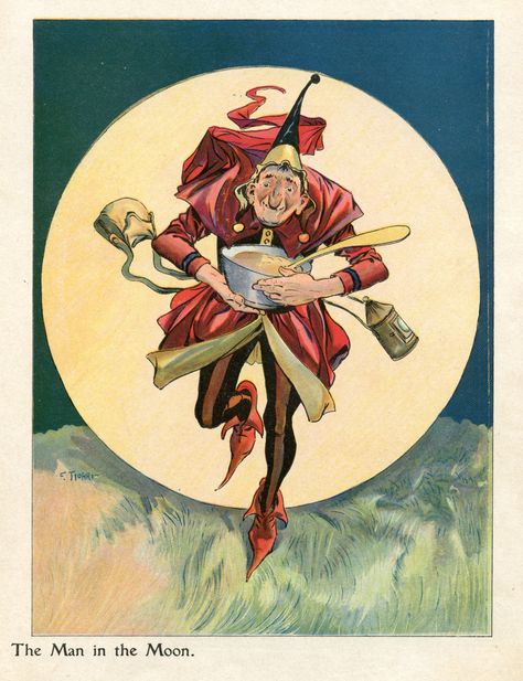 Illustration by E. Flohri. Aiken Drum, Goose Costume, Monday's Child, Hey Diddle Diddle, Mother Images, Paper Moon, Moon Illustration, Mother Goose, Illustrations And Posters