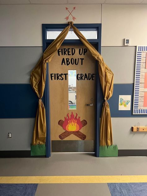 Camping Display Ideas, Classroom Door Camping Theme, Camping Theme School Hallway, Wilderness Theme Classroom, Camping Hallway Theme, Camping Bible School Theme, Camping Window Display, Summer Camp Classroom Setup, Camping Vacation Bible School