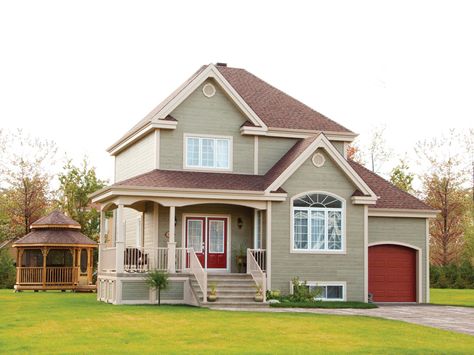 Charming home with dark red accents - plan 032D-0474 - houseplansandmore.com Red Roof House, Plan Chalet, House Colours, Brown Roof, Gray House, Pintura Exterior, House Plans And More, Country Style House Plans, Exterior Paint Colors For House