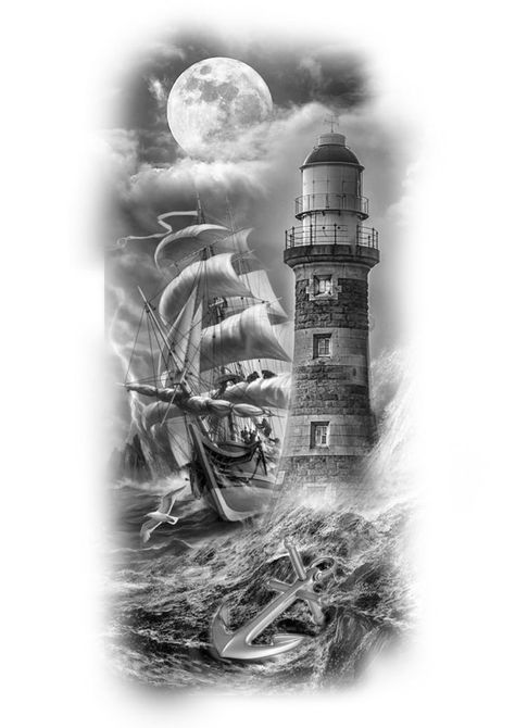 Ships Tattoos For Men, Nautical Tattoo Sleeve Drawings, Lighthouse Boat Tattoo, Lighthouse And Boat Tattoo, Lighthouse Tattoo Design Realistic, Lighthouse Ship Tattoo, Lighthouse And Ship Tattoo, Ship Lighthouse Tattoo, Boat Tattoo Men