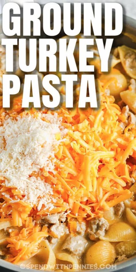 This is the best Ground Turkey Pasta recipe. Delicious turkey and seasonings are covered in an easy sauce made with two kinds of cheese. #spendwithpennies #groundturkeypasta #entree #recipe #easy #onepot #creamy #cheesy #sauce #casserole Mac And Cheese With Ground Turkey, One Pot Pasta Ground Turkey, Turkey Helper Homemade, Ground Turkey And Macaroni Recipes, Ground Turkey Macaroni Casserole, Easy Ground Turkey Pasta Recipes, Ground Turkey And Noodle Recipes, Ground Turkey Noodle Recipes, Ground Turkey And Noodles