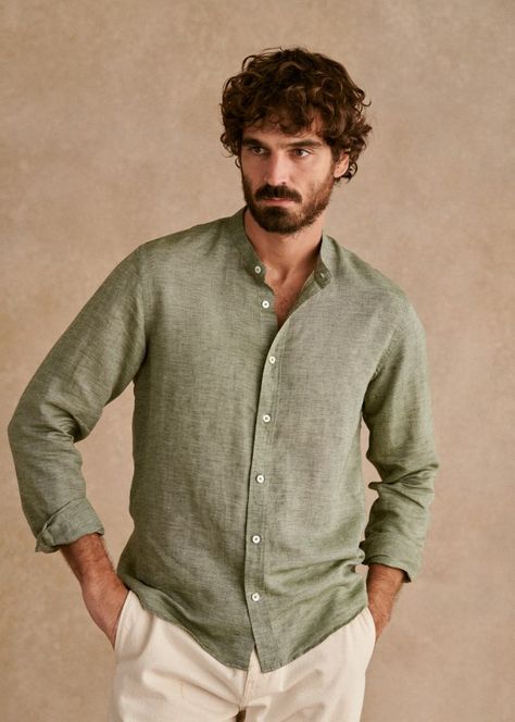 Cotton Linen Benny Shirt - Sky Blue - Organic Cotton - Sézane Mens Linen Shirt Outfit, Linen Clothes Men, Mens Linen Outfits, Linen Shirts For Men, Linen Shirt Outfit, Green Linen Shirt, Men Linen Shirt, Summer Elegance, Denim Suit