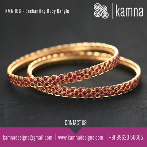 Enchanting Ruby Bangle.. Ruby Stone Bangles Gold, Kempu Bangles Gold, Ruby Bangles Designs, Ruby Bangles Gold, Ruby Bangles Indian, Simple Gold Bangle, Temple Jewellery Earrings, Ruby Bangles, Stone Bangles