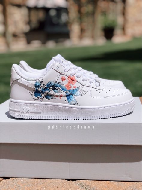 An original koi fish design on an AF1. Painted Shoes Diy, Custom Sneakers Diy, Custom Painted Shoes, Custom Shoes Diy, Nike Shoes Air Force, Painted Sneakers, Trendy Shoes Sneakers, Custom Nike Shoes, Personalized Shoes