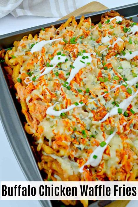 Fancy Fries, Waffle Fries Recipe, Nachos Cheese, Buffalo Chicken Fries, Fries Recipes, Easy Buffalo Chicken, Diner Menu, Buffalo Chicken Recipes, Waffle Fries