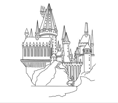 Hogwarts Castle Line Art, Hogwarts Castle Outline Tattoo, Hogwarts Line Drawing, Harry Potter Castle Drawing Easy, Hogwarts Castle Drawing Simple, Hogwarts Outline Drawing, Hogwarts Castle Illustration, Hogwarts Stencil, Harry Potter Tattoo Stencil