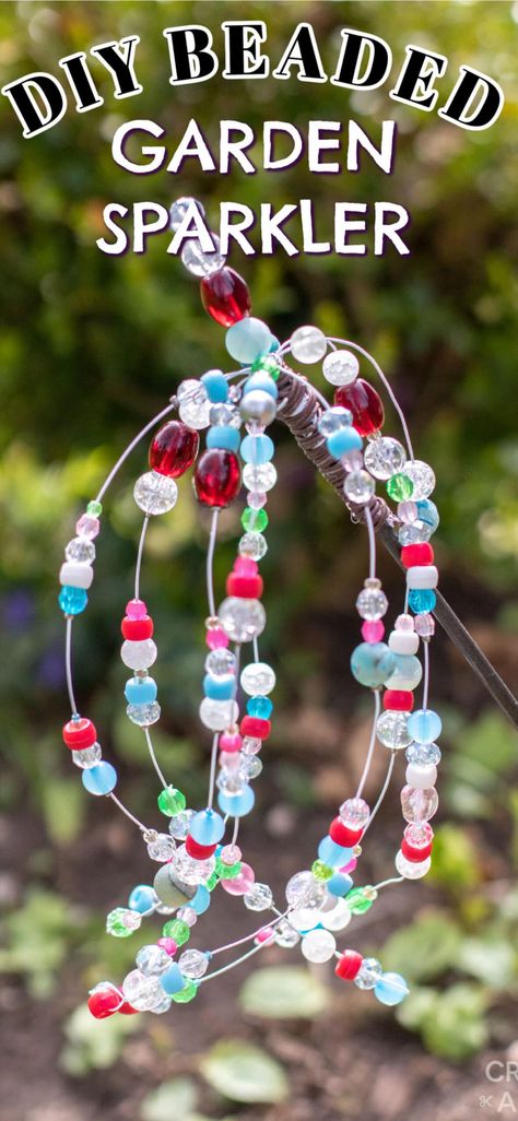 With some beads, pliers, floral wire, hot glue, and a garden stake you'll be on your way to watching your beautiful beaded garden sparkler dance in the sunlight! A garden sparkler adds a sense of fun to any outdoor space, resembling a firework with its weeping strands of colorful beads. Garden Stakes Diy Yard Art, 4h Crafts, Garden Ornaments Diy, Beaded Fairy, Daisy Troop, Suncatcher Diy, Library Crafts, Earth Day Crafts, Decorative Garden Stakes