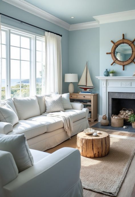 Coastal Living Room Beachy Home Decor Living Room, Flowing Curtains, Cozy Coastal Living Room, Coastal Farmhouse Living Room, Coastal Cottage Living Room, Coastal Living Room Ideas, Beachy Living Room, Natural Wood Accents, Family Room Layout