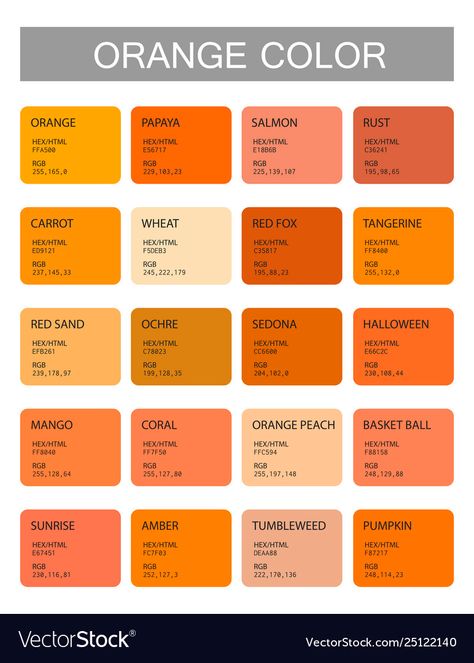 Orange color codes and names selection ... Rare Orange Color, Orange Color Pantone, Orange Color Names, Orange Pastel Color, Oranges Painting, Orange Colour Palette, Different Shades Of Orange, Orange Color Code, Orange Hex