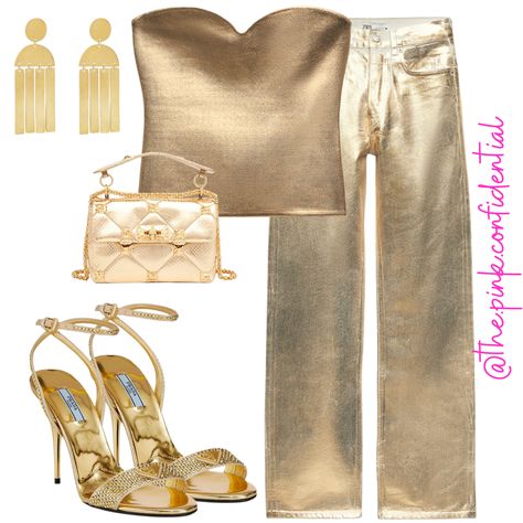 Shiny Gold Pants Outfit, Gold Glam Outfit, Gold Crop Top Outfit, Gold Trousers Outfit, Golden Top Outfit, All Gold Outfit, Metallic Gold Outfit, Golden Birthday Outfit Women, Gold Top Outfit