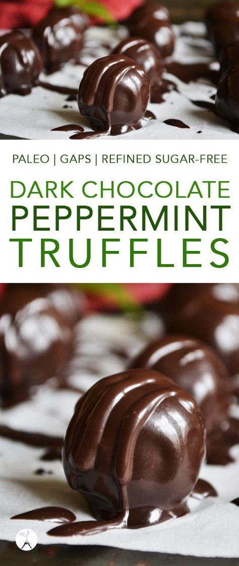 Easy and decadent, these grain and dairy-free Dark Chocolate Peppermint Truffles are the perfect holiday treat! #paleo #glutenfree #dairyfree #grainfree #dessert #chocolate #peppermint #truffles #darkchocolate #gapsdiet Chocolate Peppermint Truffles, Peppermint Truffles, Truffles Chocolate, Easy Truffles, Dessert Truffles, Cookies Gluten Free, Paleo Recipes Dessert, Candy Recipes Homemade, Dessert Chocolate