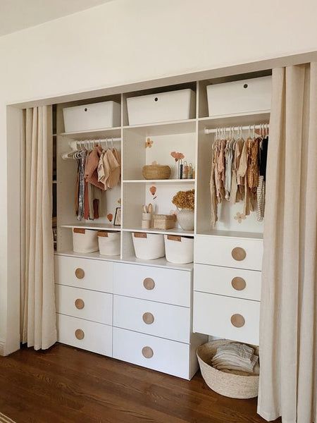 Nursery Closet Magic: Organize & Beautify with Style – Modified Tot Built In Closet For Nursery, Nursery Closet Doors Removed, Nursery Closet With Curtains, Nursery With Open Closet, Nursery Ideas No Closet, Removing Closet Sliding Doors, Nursery Closet Curtains, Exposed Closet Nursery, Custom Nursery Closet