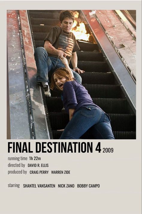 minimal polaroid movie poster for final destination 4 Final Destination Poster, Final Destination Aesthetic, Thriller Movies To Watch, Final Destination Movies, Polaroid Movie Poster, Movies To Watch Teenagers, Movie Card, Iconic Movie Posters, It The Clown Movie