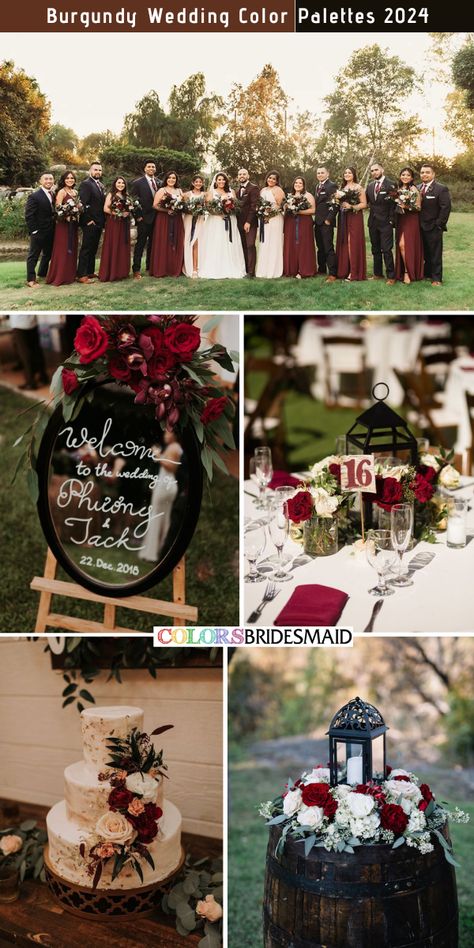 8 Selected Burgundy Wedding Color Combos for 2024 - ColorsBridesmaid Black Green Burgundy Wedding, Black And Burgundy Wedding Party, Black And Burgundy Wedding Dress, Black White And Maroon Wedding, Burgundy Black And White Wedding, Burgundy Black And Gold Wedding, Dark Red Wedding Theme, Black And Maroon Wedding, Burgundy And Black Wedding