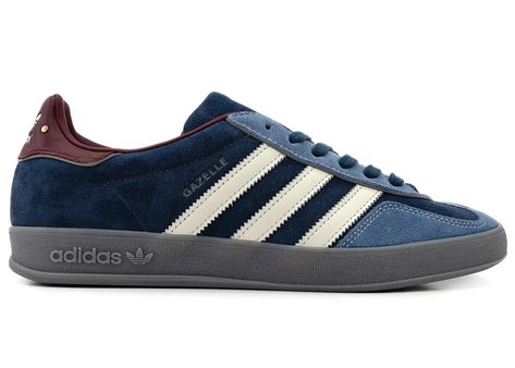 Men's Adidas Gazelle Indoor Burgundy Sneakers in Crew Navy Blue/Gold Metallic/Off White Navy Blue Outfit, Burgundy Sneakers, Adidas Gazelle Indoor, Adidas Shoes Originals, Bold Shoes, Big Sunglasses, Funky Shoes, Hot Sneakers, Red Adidas