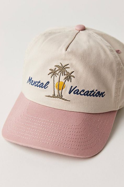 Just as versatile as it is vintage-inspired, this so cool baseball cap is featured in a staple six-panel style with vacation-inspired embroidery at front and contrast piecing throughout for added dimension. **Features:** Staple silhouette, adjustable back detail, soft cotton fabrication **Why We ❤ It:** Sure to be a staple in your warm-weather accessories collection for countless years to come. | Mental Vacation Cap by FP Movement at Free People, Rose Cool Baseball Caps, Accessories Collection, Fp Movement, Cap Design, So Cool, Boho Outfits, Warm Weather, Baseball Cap, Vintage Inspired