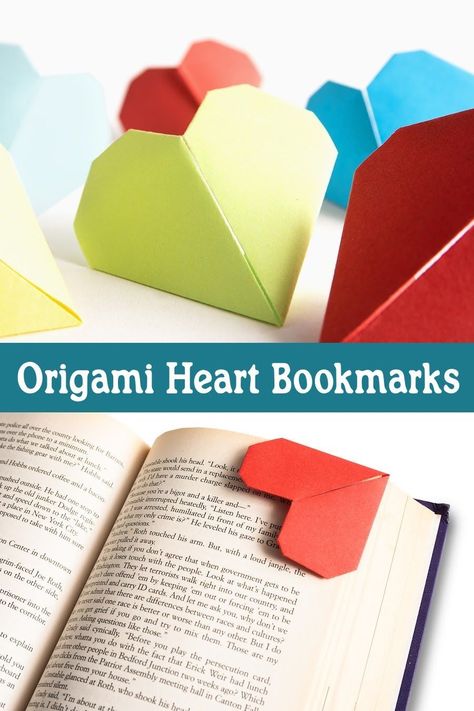 Make an origami bookmark the easy way! This easy origami heart looks just like a conversation heart, and fits on the corner of a book page. Kids and adults will love this idea! Easy Origami Heart Tutorial, Heart Bookmark Origami, Bookmarks Origami, Origami Bookmark Corner, Easy Origami Heart, Book Dividers, Origami Shapes, Origami Bookmark, Heart Bookmark