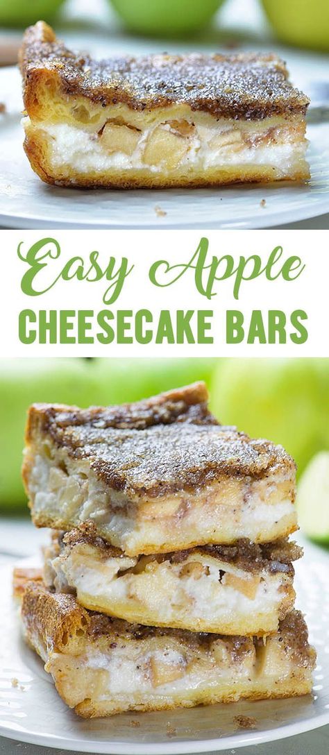 Easy Apple Cheesecake Bars are delicious fall dessert with crescent rolls, cream cheese, fresh apples and buttery cinnamon sugar topping. Save leftovers for breakfast! Dessert With Crescent Rolls, Easy Apple Cheesecake, Crescent Roll Dessert, Fall Desserts Apple, Cheesecake Bars Easy, Apple Cheesecake Bars, Apple Cream Cheese, Cream Cheese Bars, Bars Chocolate