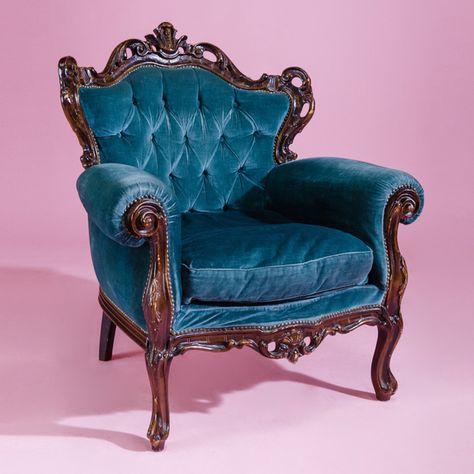 Victorian Lounge Chair, Whimsigoth Moodboard, Arabian Majlis, Bar Props, Blue Velvet Chair, Athena Aesthetic, Theatre Seats, Baroque Chair, Fancy Chair