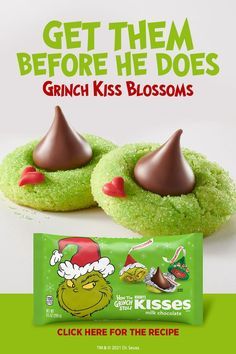 Christmas Cookie Bake Off Ideas, Fun Kids Christmas Cookies, Best Grinch Cookies, Grinch Roast Beast Sandwiches, Grinch Hershey Kiss Cookies, Christmas Baking Grinch, Grinch Christmas Cookies Recipes, Grinch Christmas Goodies, Grinch Peanut Butter Blossoms