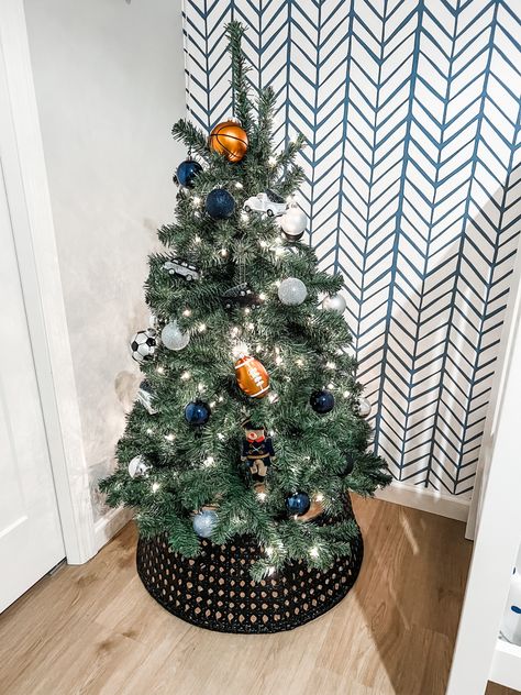 Mini Christmas Tree For Boys Room, Little Boys Christmas Tree, Boys Room Christmas Tree, Boys Room Christmas Decor, Boys Christmas Tree Ideas, Kids Bedroom Christmas Tree, Sports Christmas Tree Ideas, Boy Christmas Tree Theme, Toddler Boy Christmas Tree