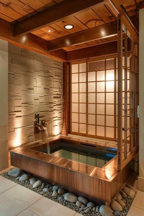 Bathroom design zen modern Onsen Inspired Bathroom, Japanese Onsen Bathroom, Onsen Bathroom, Onsen Aesthetic, Bathroom Interior Design Modern Master Bath, Zen Wisdom, Japanese Bath House, Zen Bathroom Ideas, Modern Zen Bathroom