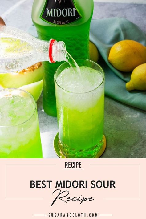 With a perfect balance between sweetness and sourness, the Midori Sour is a fun bright, melon green take on the classic sour. Learn the best Midori Sour recipe here - this one features a candy-like base, balanced out with fresh citrus juices to brighten up the flavor combo. Then topped with club soda for a bubbly finish! Click to follow the guide. Madori Sour, Sweet And Sour Mix Recipe, Midori Sour Recipe, Midori Drinks, Midori Cocktails, Amaretto Sour Recipe, Midori Sour, Sour Drink, Melon Recipes