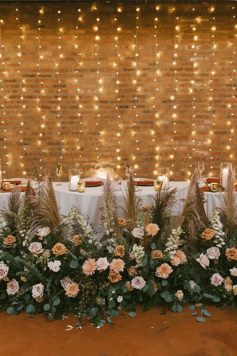 Wedding Brick Wall Decor, Brick Wall Head Table Backdrop, Exposed Brick Wedding Decor, Brick Wall Wedding Decor, Brick Wall Wedding Backdrop, Fairy Light Backdrops, Table Floral Decorations, Head Table Wedding Decorations, Brick Wall Decor