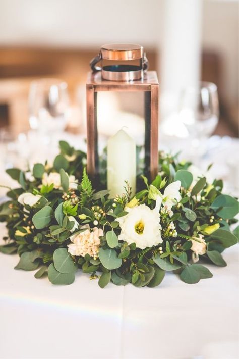 Using a wreath as a centerpiece.  Can use different foliage for texture and interest, and just a few focal flowers. Low Wedding Centerpieces, Bridal Car, Table Arrangements Wedding, Tafel Decor, Candle Wedding Centerpieces, Lantern Centerpieces, Flowers And Greenery, Copper Wedding, Wedding Lanterns