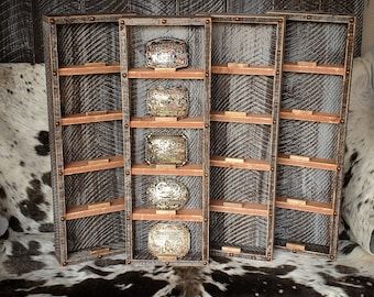 Buckle Shelf Display, Buckle Box Display Case, Buckle Display Ideas, Buckle Rack, Belt Buckle Display, Buckle Display, Shotgun Shell Crafts, Horse Bedroom, Trophy Case