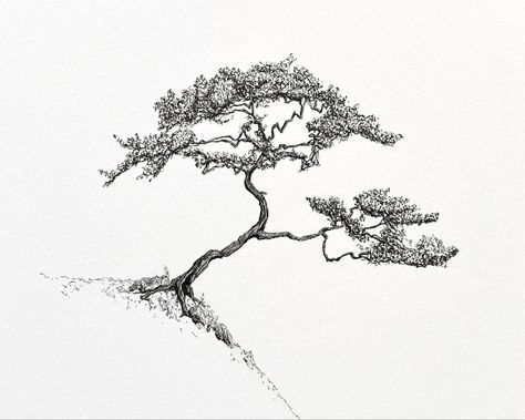 Tree Drawing Black And White, Tree Ink Drawing, Bonsai Tree Tattoos, Black Pen Drawing, White Korean, Pine Tree Tattoo, Doodle Art Flowers, Gold Art Painting, Japanese Tree