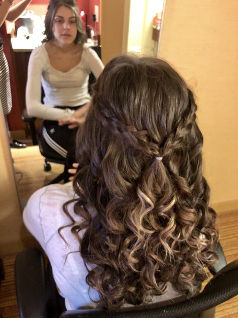 #weddinghairstyles #weddinghair #halfuphalfdown #halfupdo #braids #braidstyles #braidedhairstyles  #braidedhair  #curls #beautiful #wedding #bridesmaid Easy Sweet 16 Hairstyles, Curl Hair Styles Half Up Half Down Medium Lengths, Ringlet Curls Hairstyles Half Up, Homecoming Hairstyles Half Up, Hairstyles With Curls For Party, Curled Hairstyles For Medium Hair Formal Shoulder Length, Hair Curled With Braid, Hairstyles For Prom Medium Length Curls, Curled Prom Hair Half Up