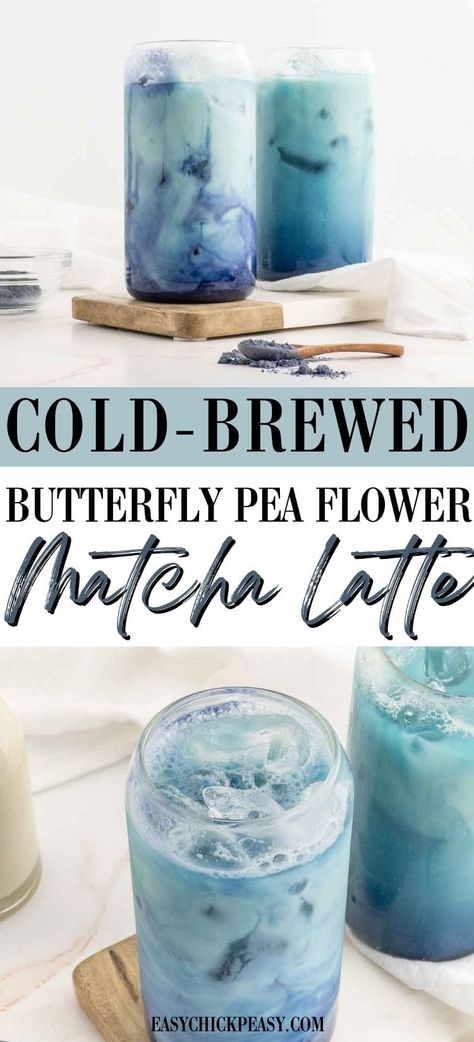 This cold brewed butterfly pea matcha latte is a beautiful, delicious latte full of powerful antioxidants. Milder in flavor than traditional green matcha, this herbal tea-based latte is subtle, sweet, and caffeine-free. It's the perfect little treat to enjoy without checking the time before bed! Matcha Butterfly Pea, Butterfly Pea Flower Syrup, Green Tea Flavors, Herbal Tea Drinks, Cold Herbal Tea Recipes, Butterfly Pea Flower Latte, Matcha Latte Recipe Healthy, Tea Latte Ideas, Unique Latte Flavors