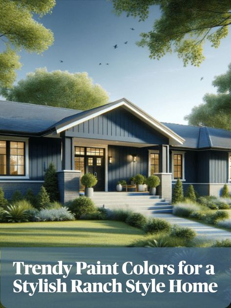 Trendy Ranch Style House Exterior Paint Colors Small Ranch House Exterior Colors, Paint Colors For Ranch Style Homes, Exterior Paint Colors Ranch Style House, Small Ranch Style Homes Exterior, Ranch Bungalow Exterior Makeover, Ranch Style Home Exterior Colors, Rancher Exterior Paint Colors, House Exterior Paint Colors For Ranch-style Houses, Navy Ranch House Exterior