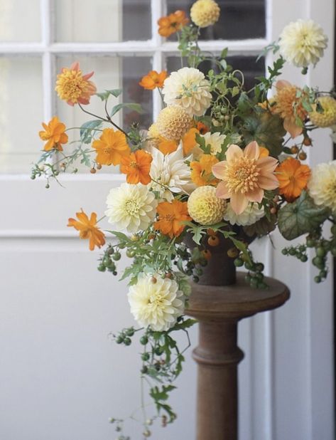 Colorful Fall Flower Arrangements, Yellow Orange Flower Arrangement, Yellow And Orange Floral Arrangements, White Yellow Orange Bouquet, Earthy Summer Wedding, Yellow And Red Flower Arrangements, Wedding Orange Flowers, September Wedding Flowers In Season, Italian Floral Arrangements