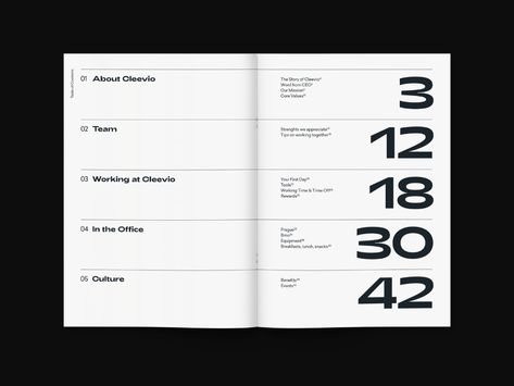 Cleevio — Handbook by Jaromir Kveton on Dribbble Numbered List Design, Table Of Contents Design Layout Creative, Contents Page Design, Table Of Contents Design, Contents Layout, Table Of Contents Page, List Design, Content Page, Publication Design